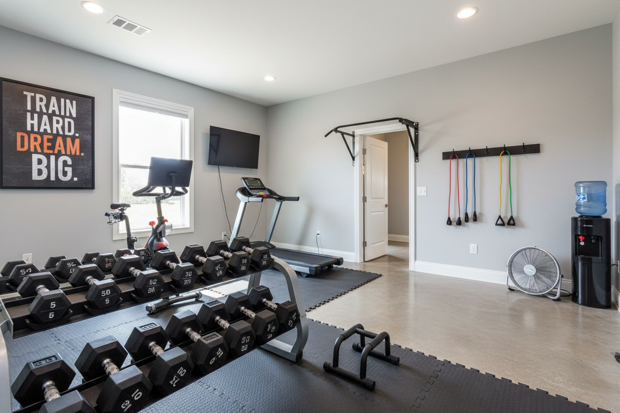 Fitness equipments like dumbells, push up racks, resistance bands, pull up bar, bike treadmills, all in a room